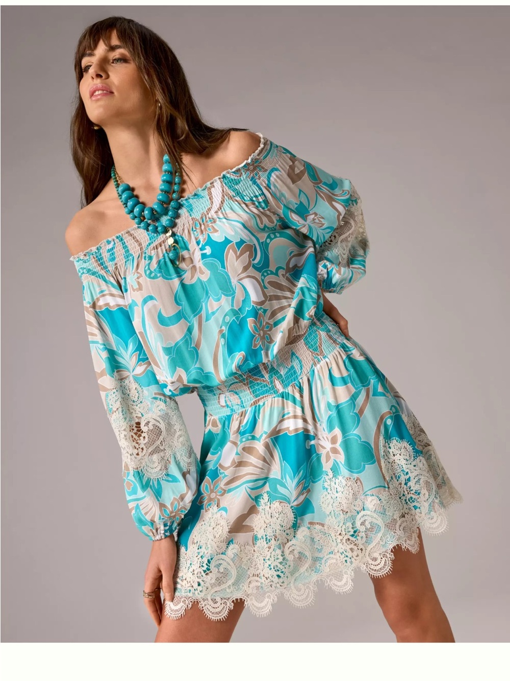 Boston Proper Turquoise and Cream Lace-Trim Off-Shoulder Mini Dress